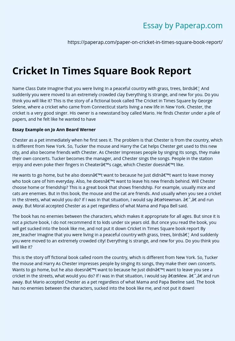 Cricket In Times Square Book Report