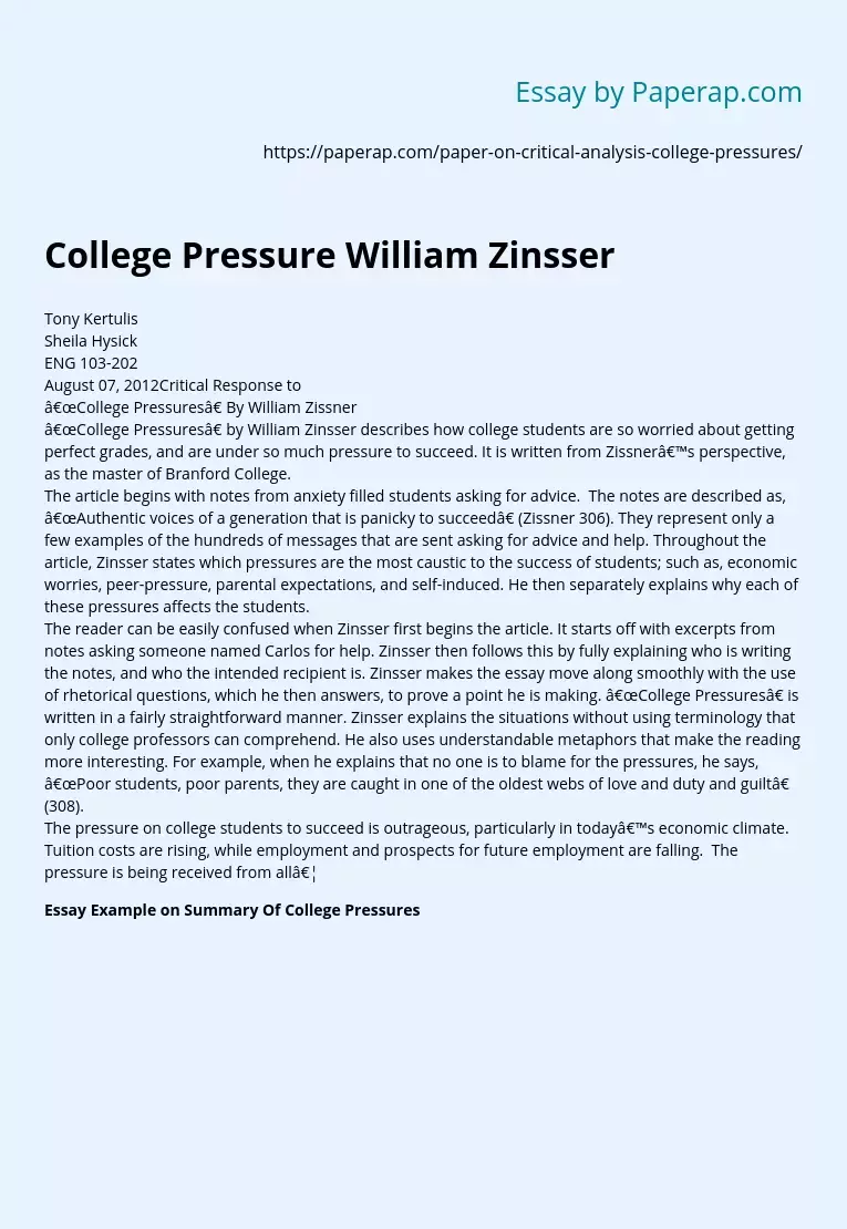 college pressures by william zinsser thesis