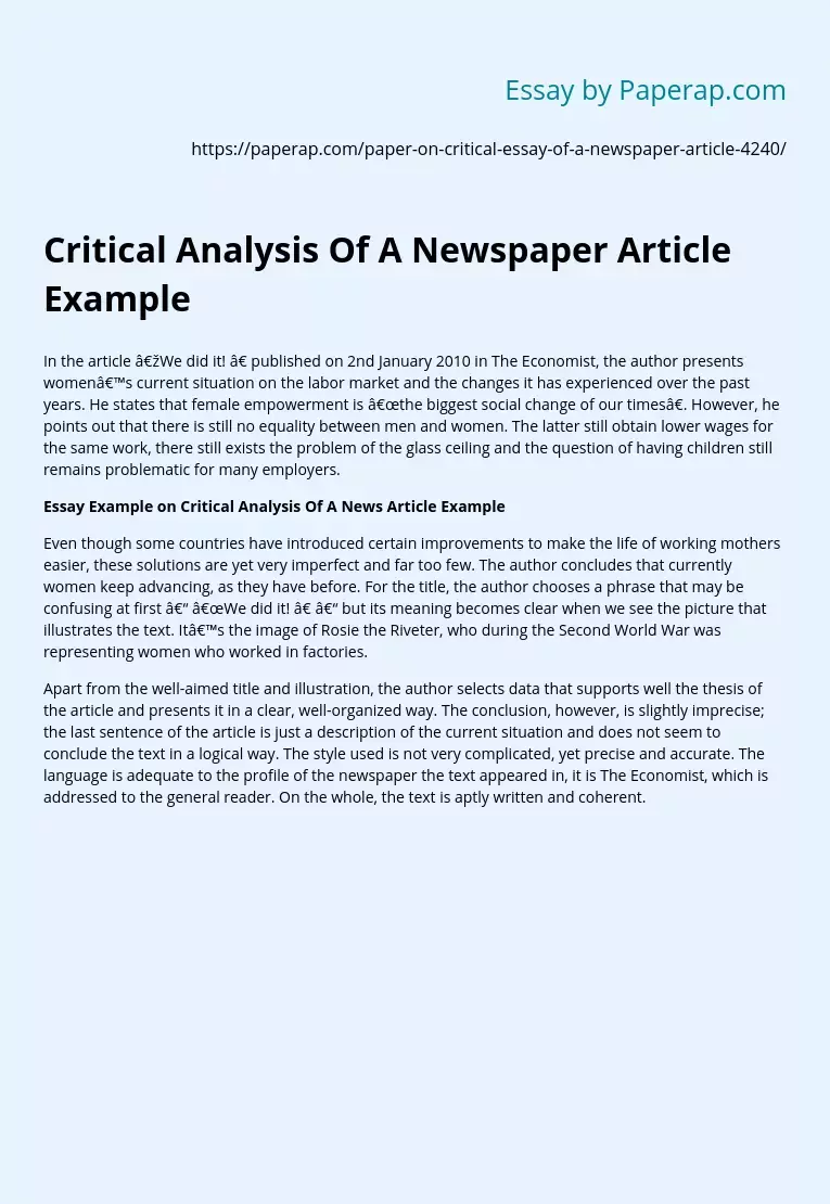 Critical Analysis Of A Newspaper Article Example