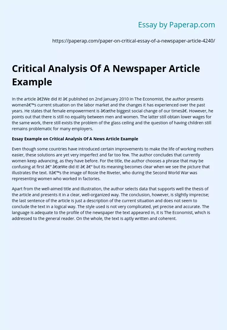 Critical Analysis Of A Newspaper Article Example Free Essay Example