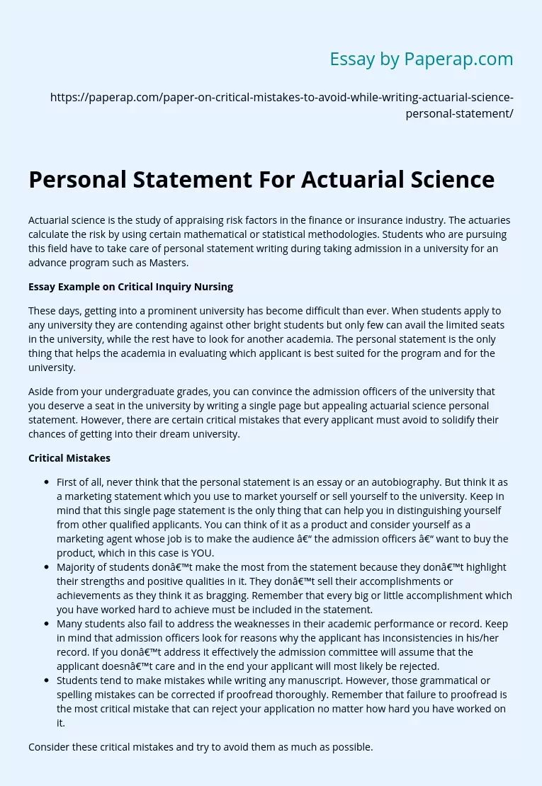 Personal Statement For Actuarial Science