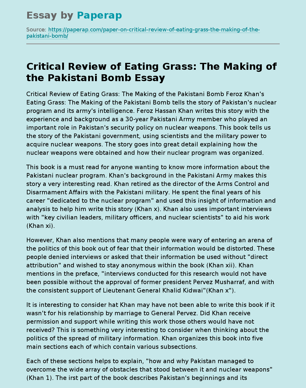 Critical Review of Eating Grass: The Making of the Pakistani Bomb