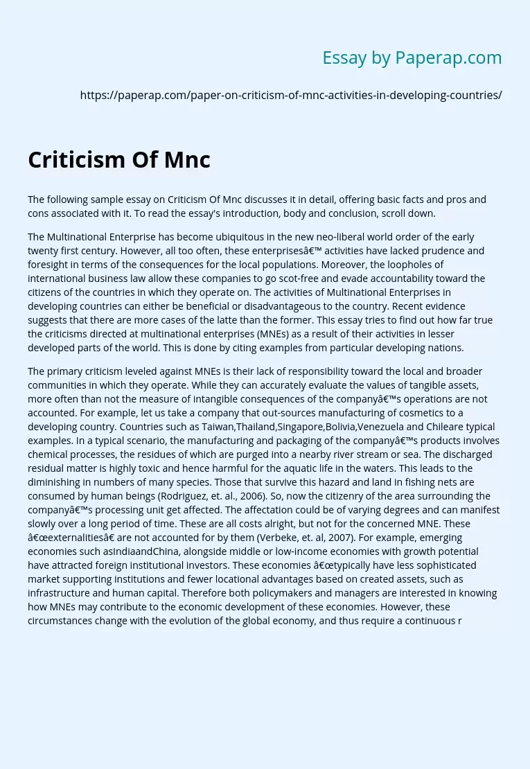 Criticism Of Mnc Multinational Enterprise Activities