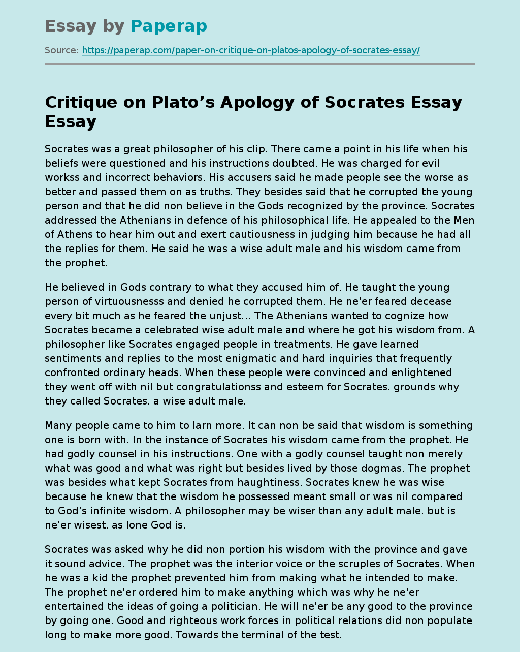 Critique on Plato’s Apology of Socrates Essay