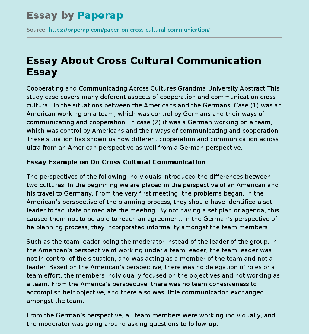 Essay About Cross Cultural Communication