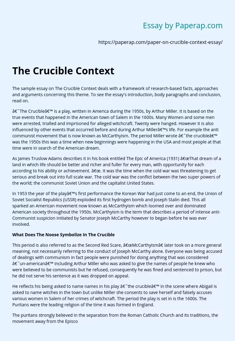 The Crucible Context Free Essay Example