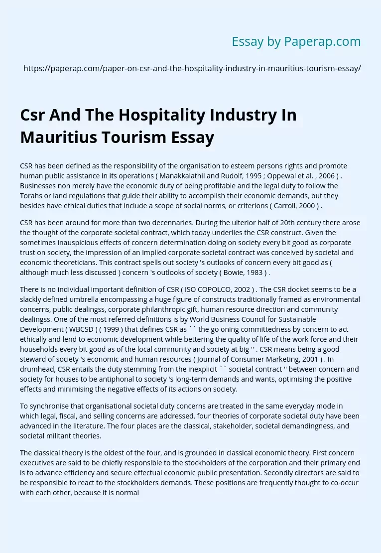 Csr and the Hospitality Industry in Mauritius