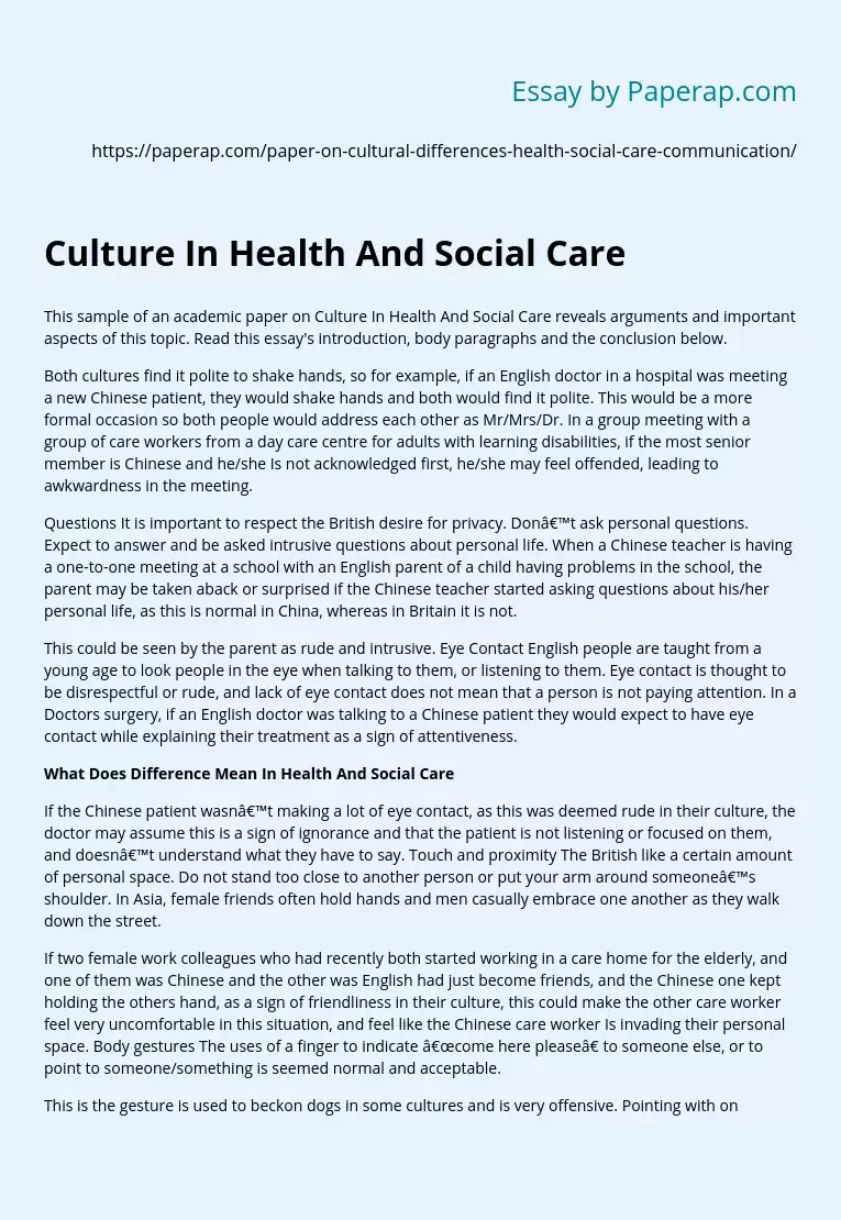 Culture In Health And Social Care