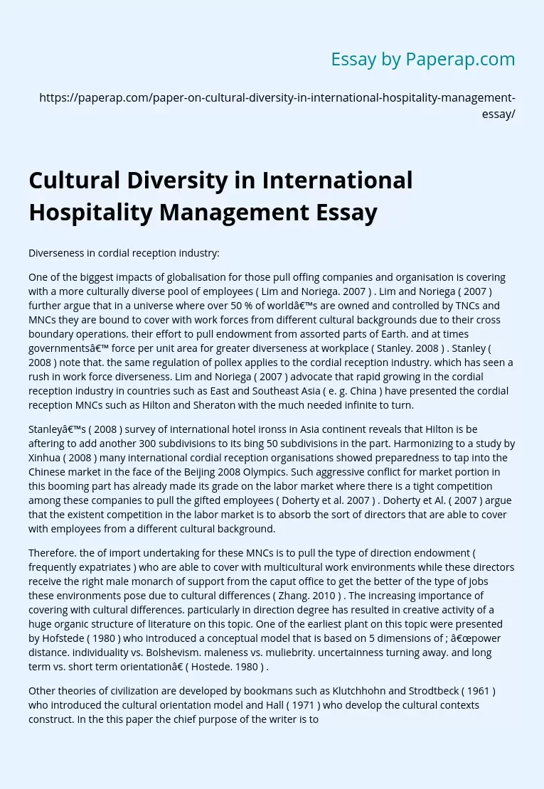 Cultural Diversity in International Hospitality Management Essay