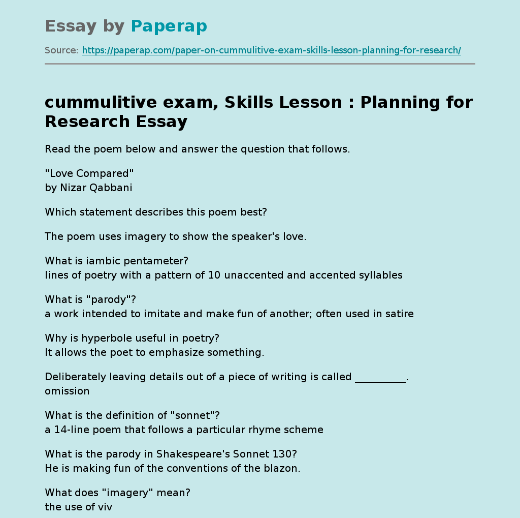 cummulitive exam, Skills Lesson : Planning for Research