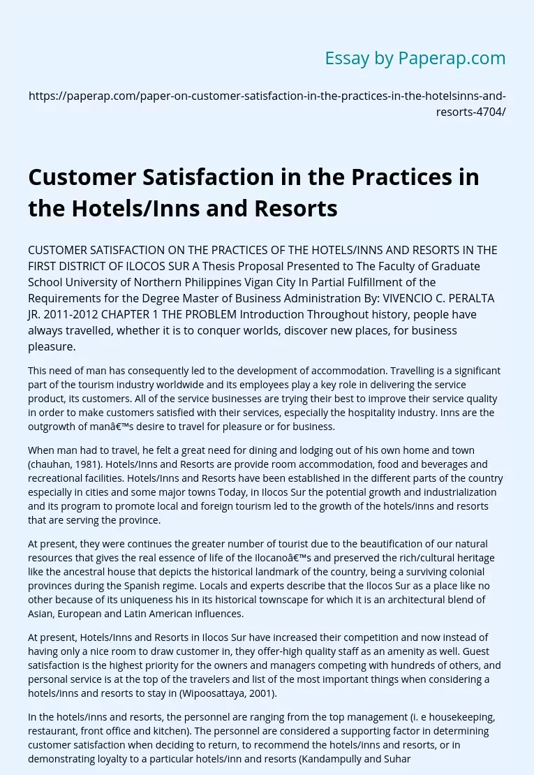 Customer Satisfaction in the Practices in the Hotels/Inns and Resorts
