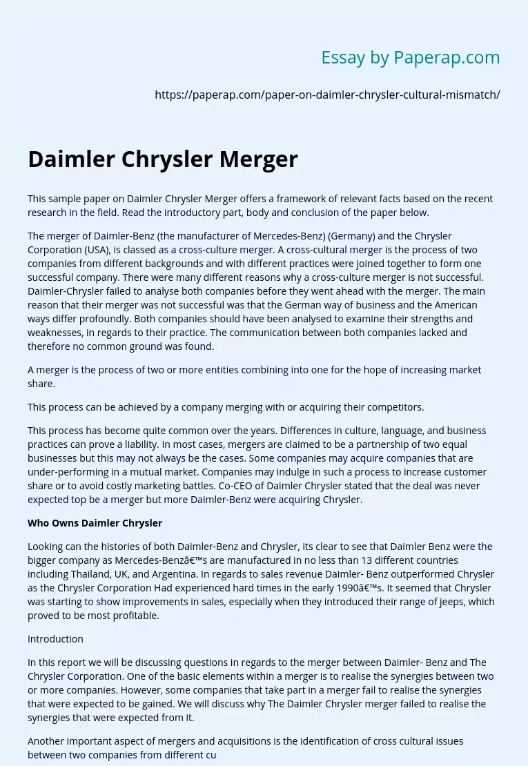Daimler Chrysler Merger Example