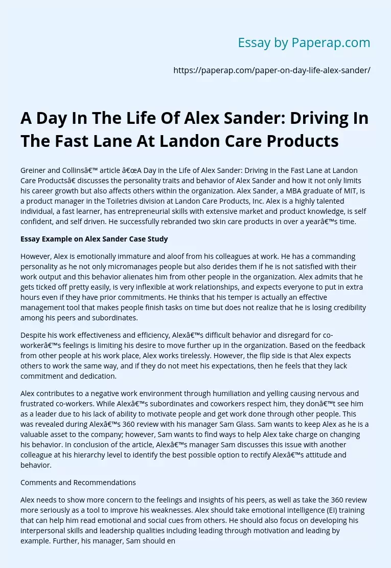A Day In The Life Of Alex Sander: Driving In The Fast Lane At Landon Care Products