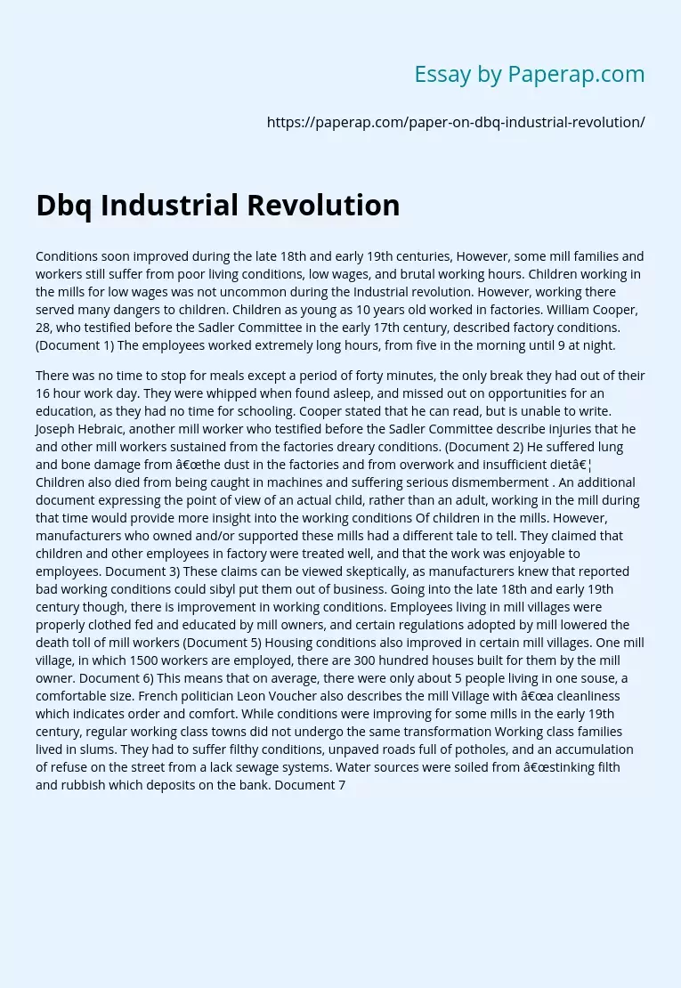 Dbq Industrial Revolution