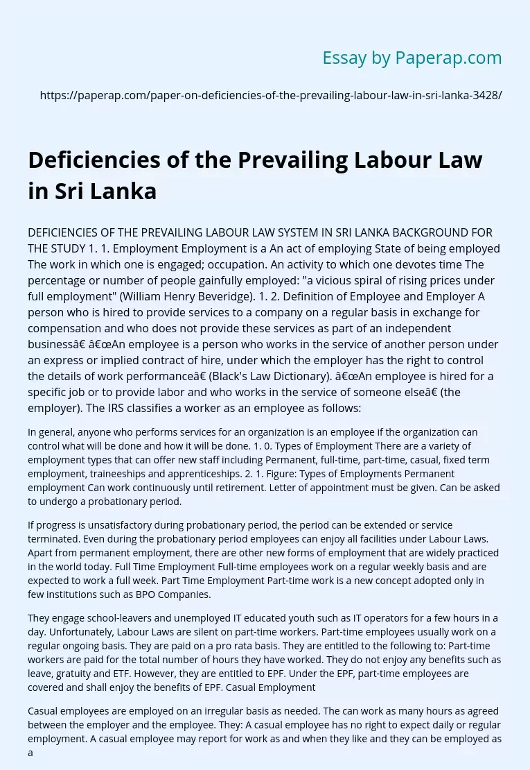 Deficiencies of the Prevailing Labour Law in Sri Lanka
