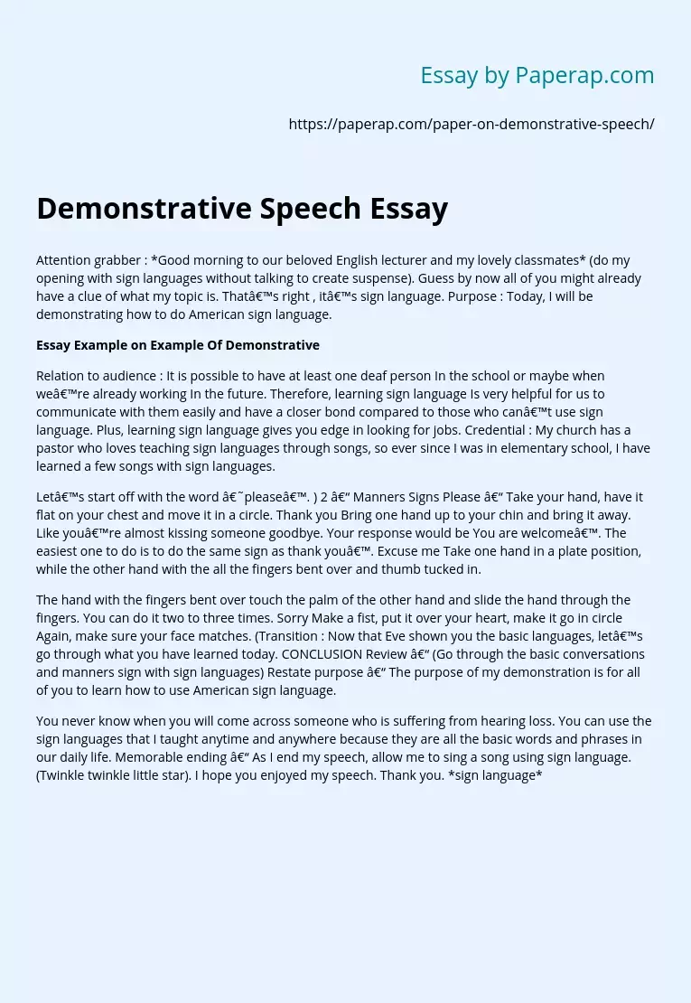 Demonstrative Speech Essay Example