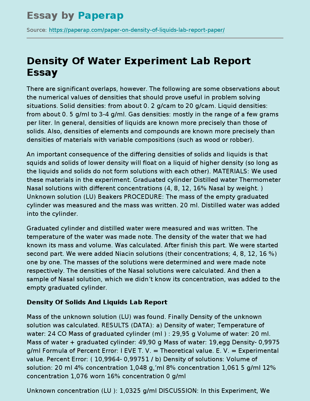 Density Of Water Experiment Lab Report