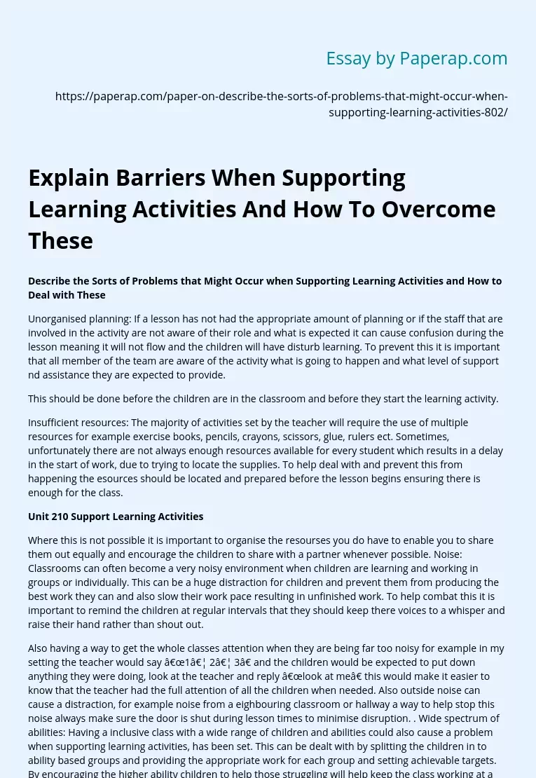 Explain Barriers When Supporting Learning Activities And How To Overcome These