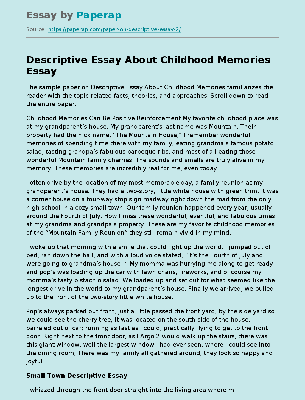 Descriptive Essay About Childhood Memories Free Essay Example