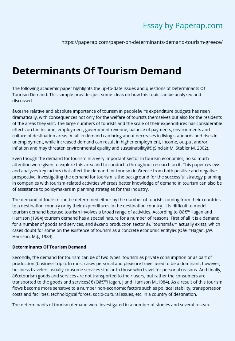 Determinants Of Tourism Demand