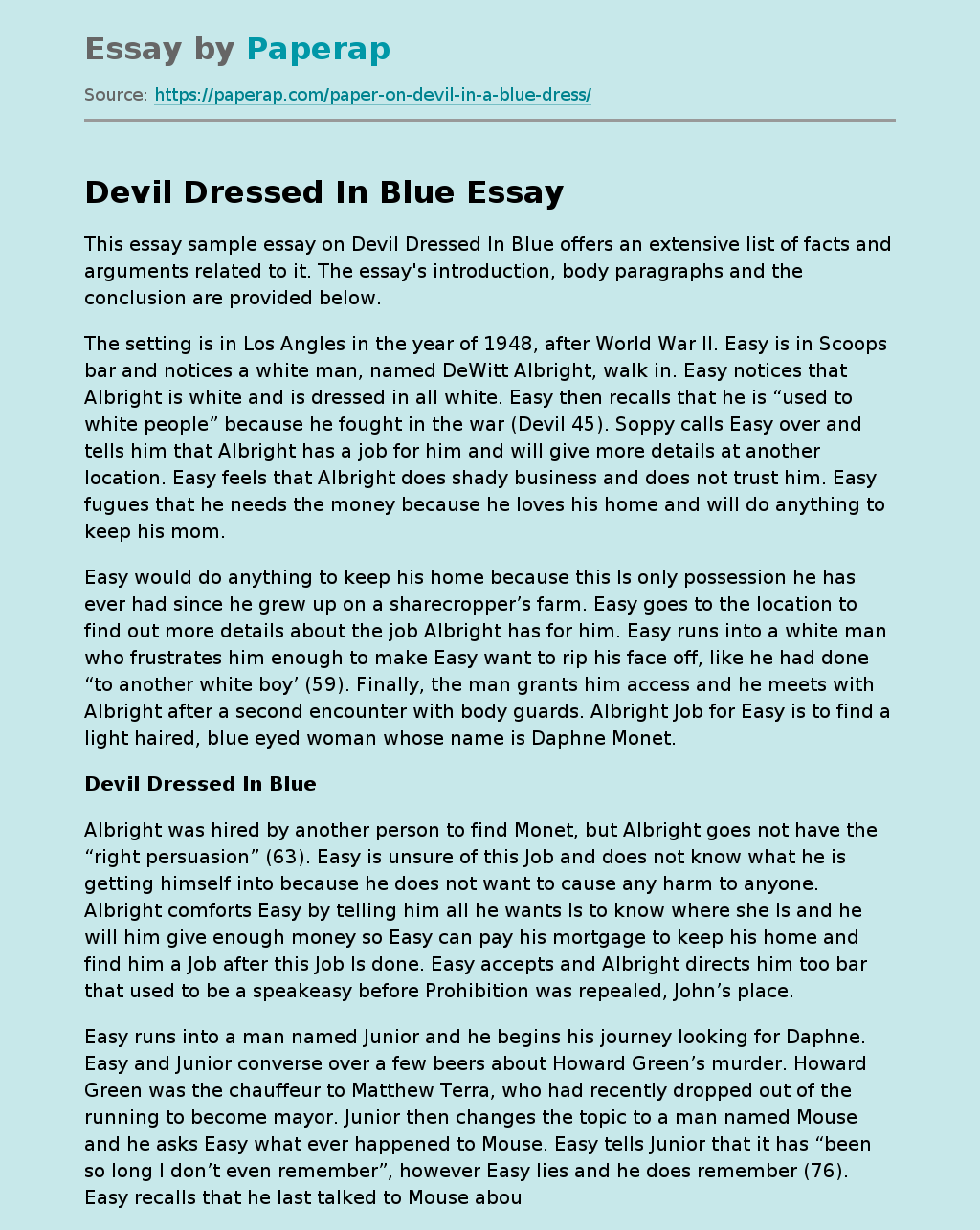 Essay Sample Essay on Devil Dressed in Blue