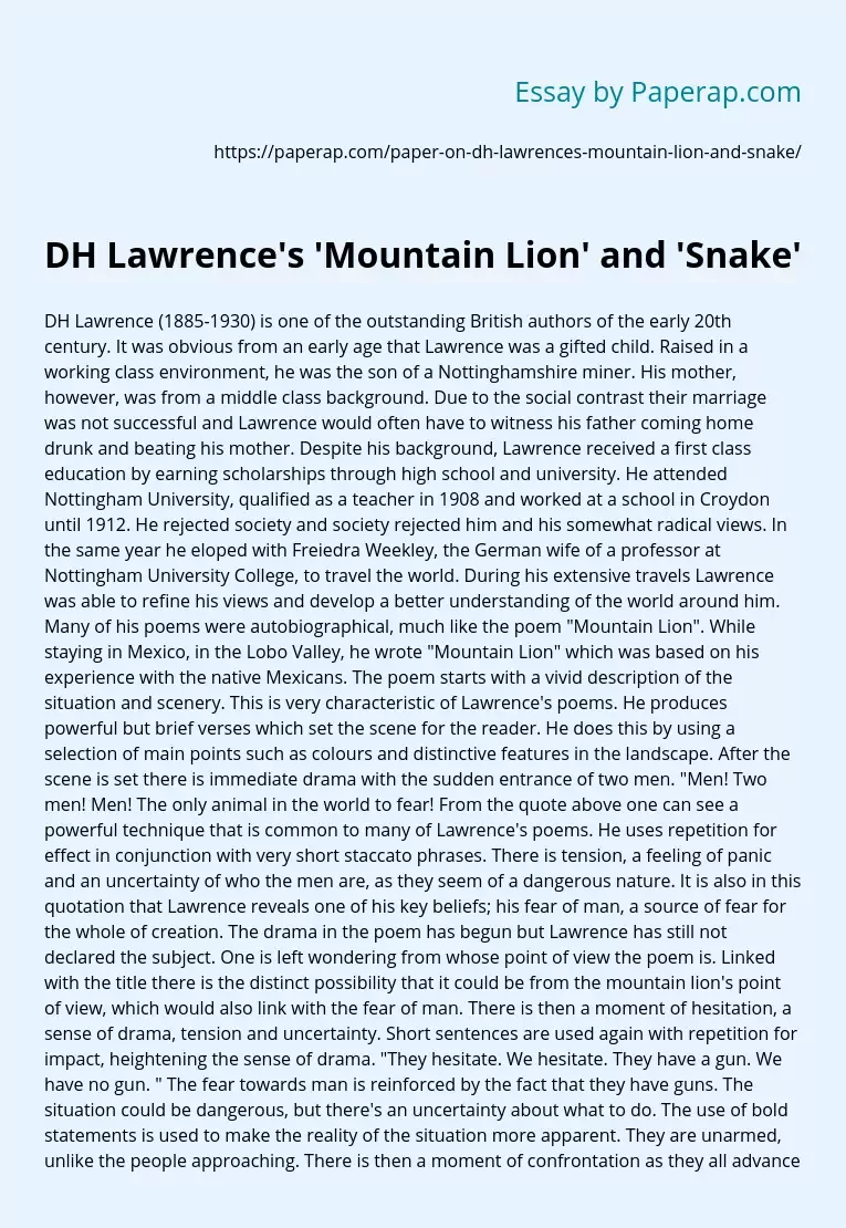 DH Lawrence's 'Mountain Lion' and 'Snake'