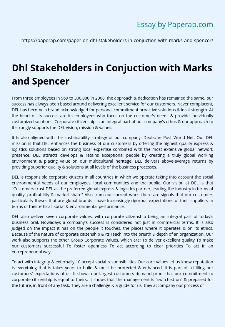 Dhl Stakeholders in Conjuction with Marks and Spencer