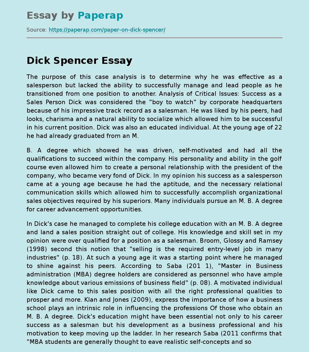 Dick Spencer: Success as a Sales Person