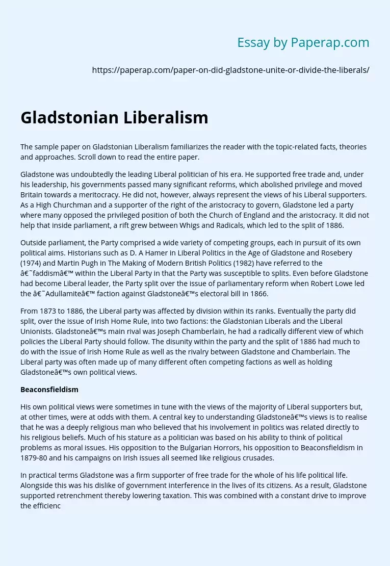 Sample Paper on Gladstonian Liberalism