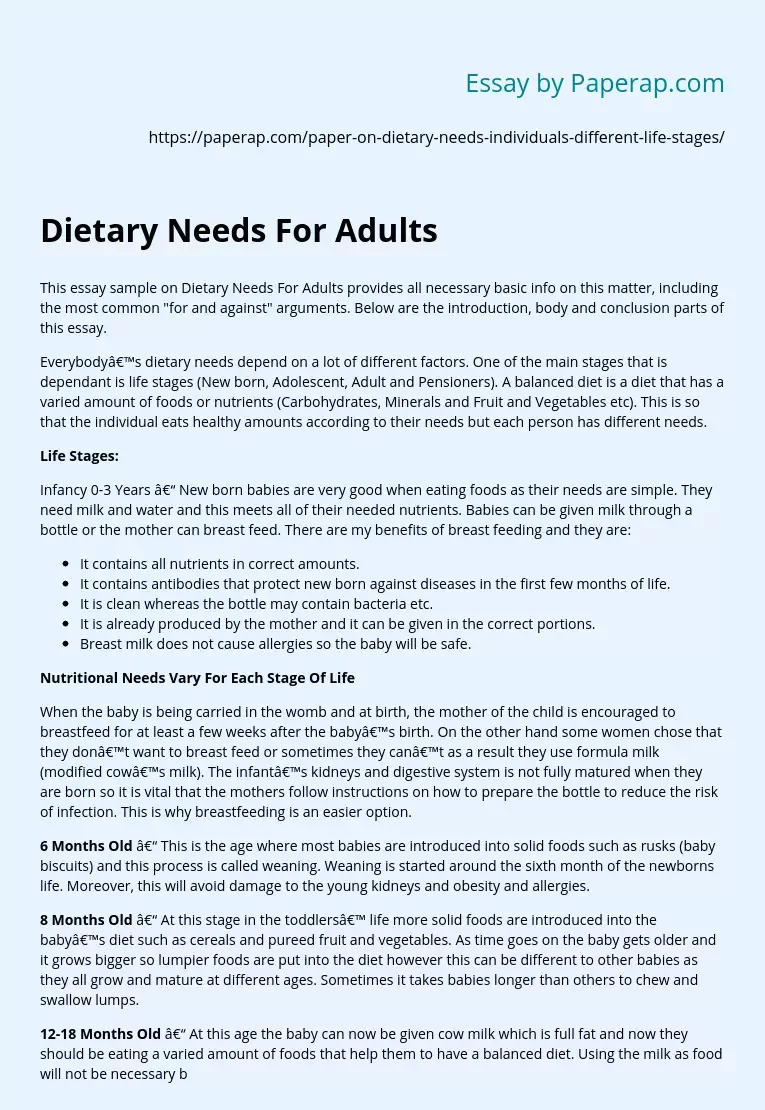 Dietary Needs For Adults