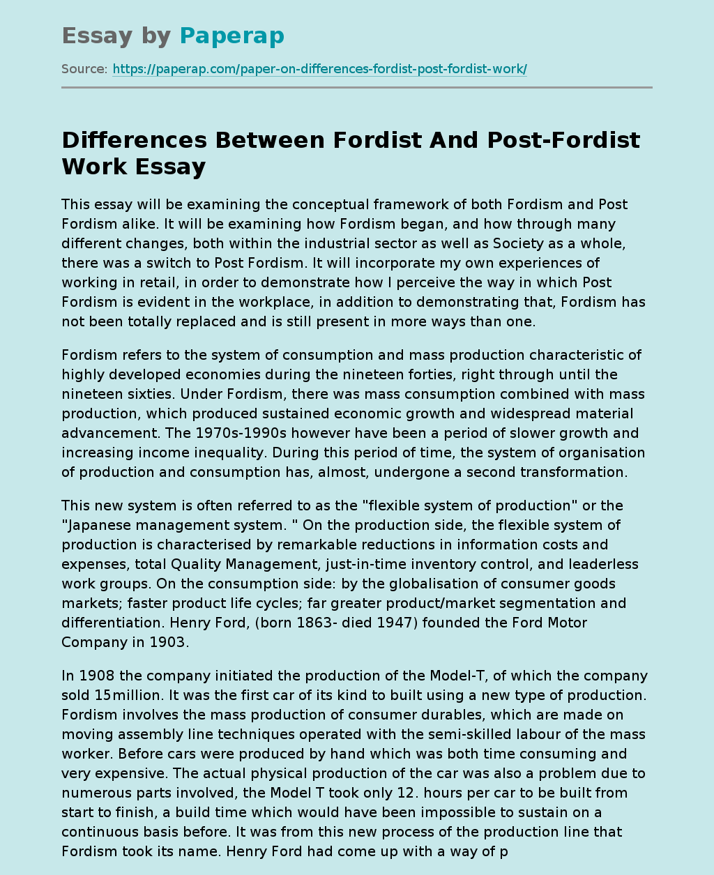 Differences Between Fordist And Post-Fordist Work