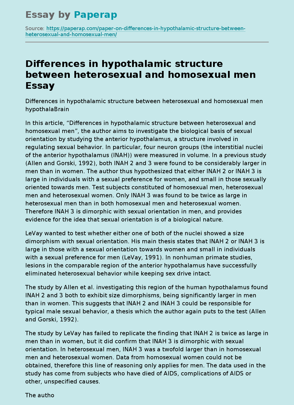 Differences in hypothalamic structure between heterosexual and homosexual men
