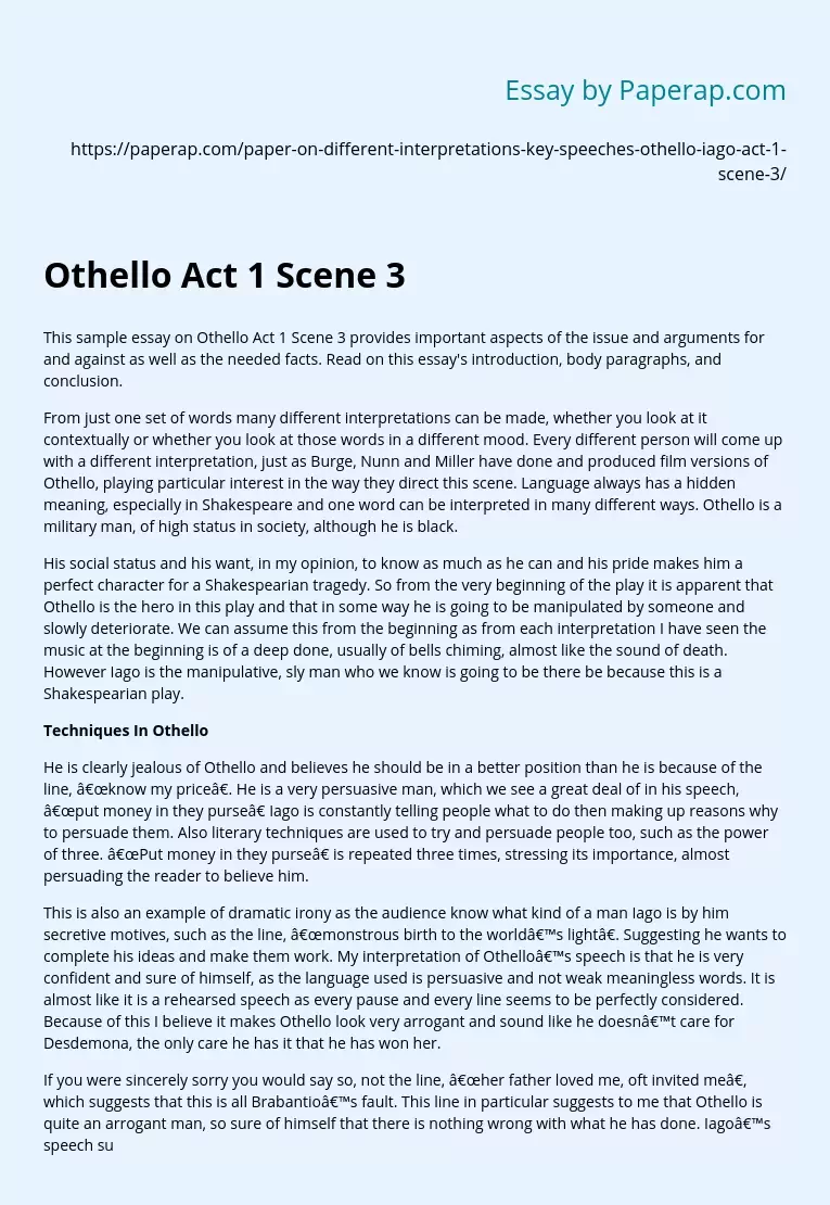 Interpretation of Speeches in Othello Act 1 Scene 3