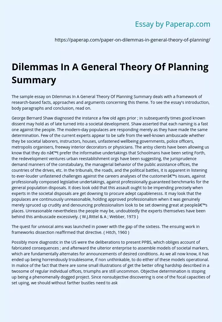 Dilemmas In A General Theory Of Planning Summary