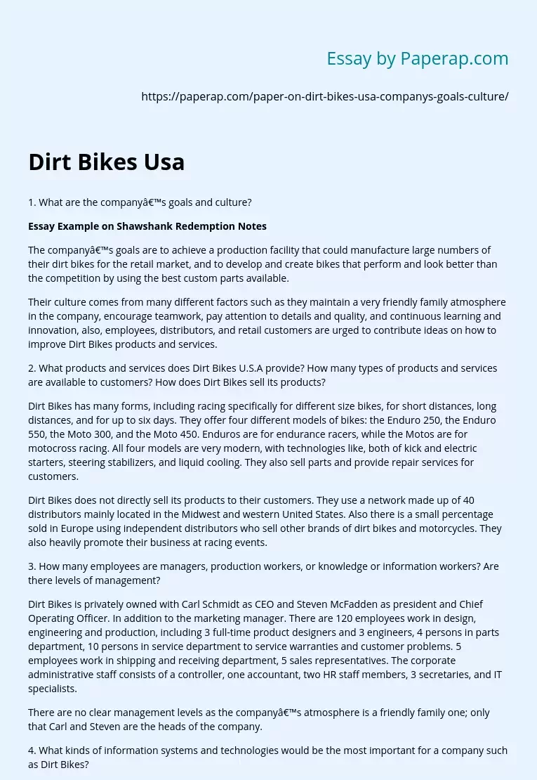 Dirt Bikes USA Company Case Analysis
