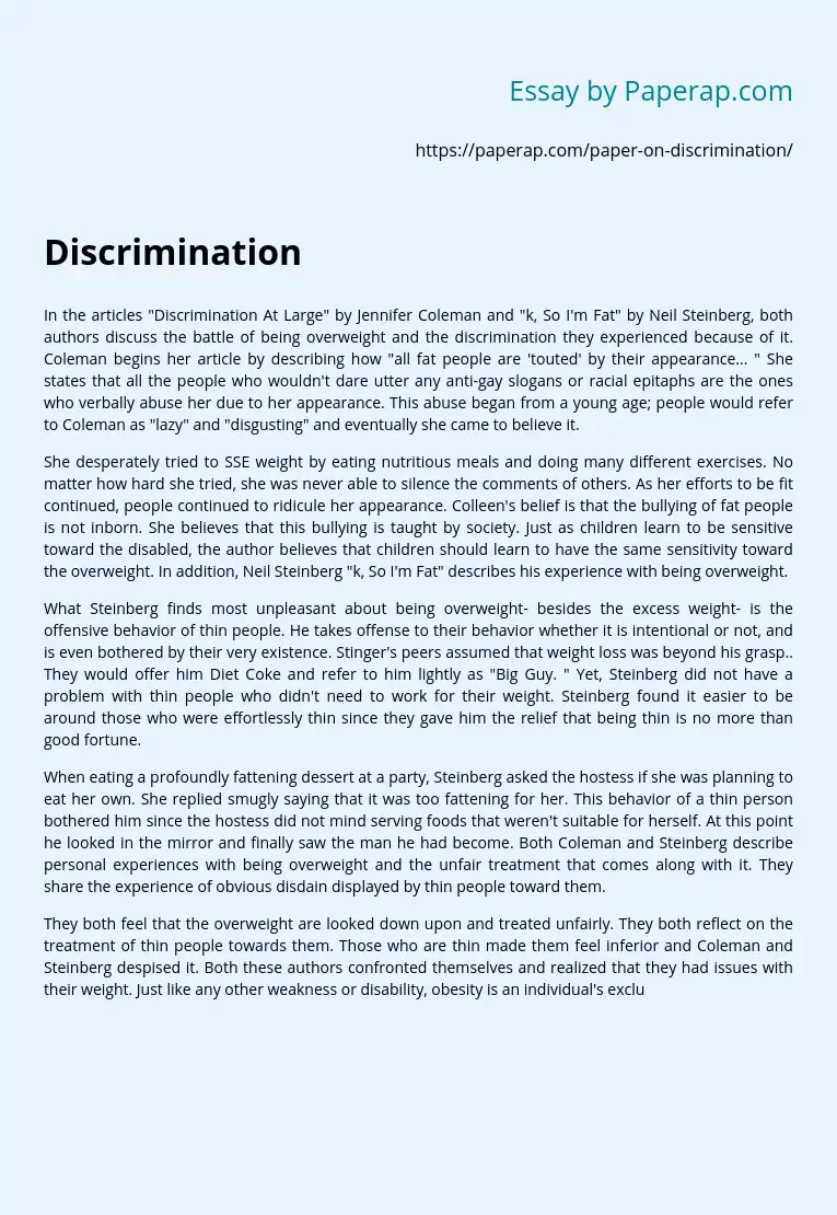 "Discrimination At Large" by Jennifer Coleman and "Ok, So I'm Fat" by Neil Steinberg
