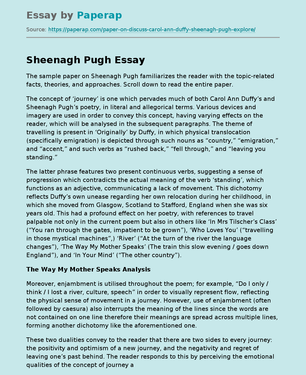 Sheenagh Pugh: An Overview