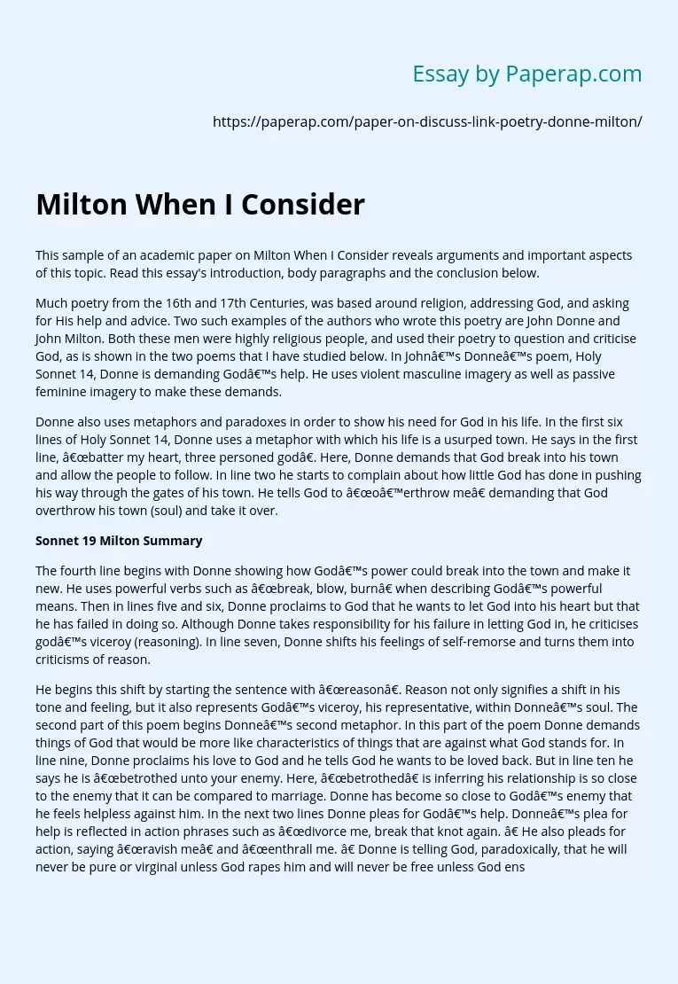 Sample of an Academic Paper on Milton When I Consider