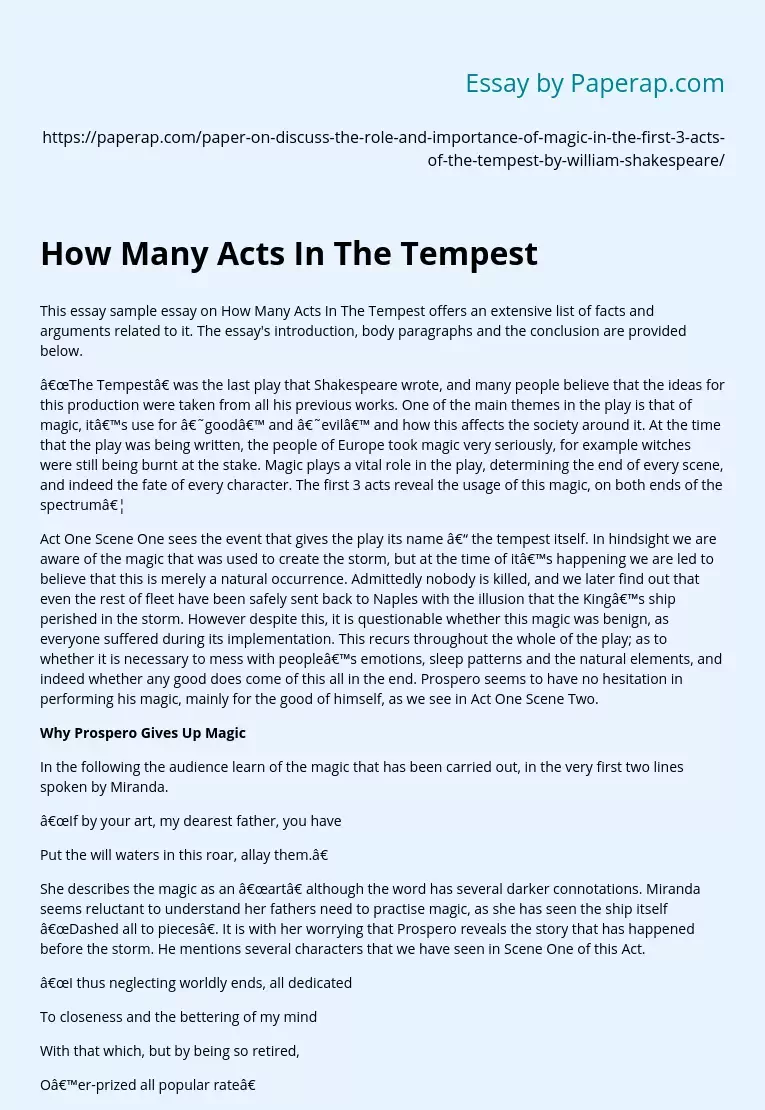 How Many Acts In "The Tempest" Shakespeare