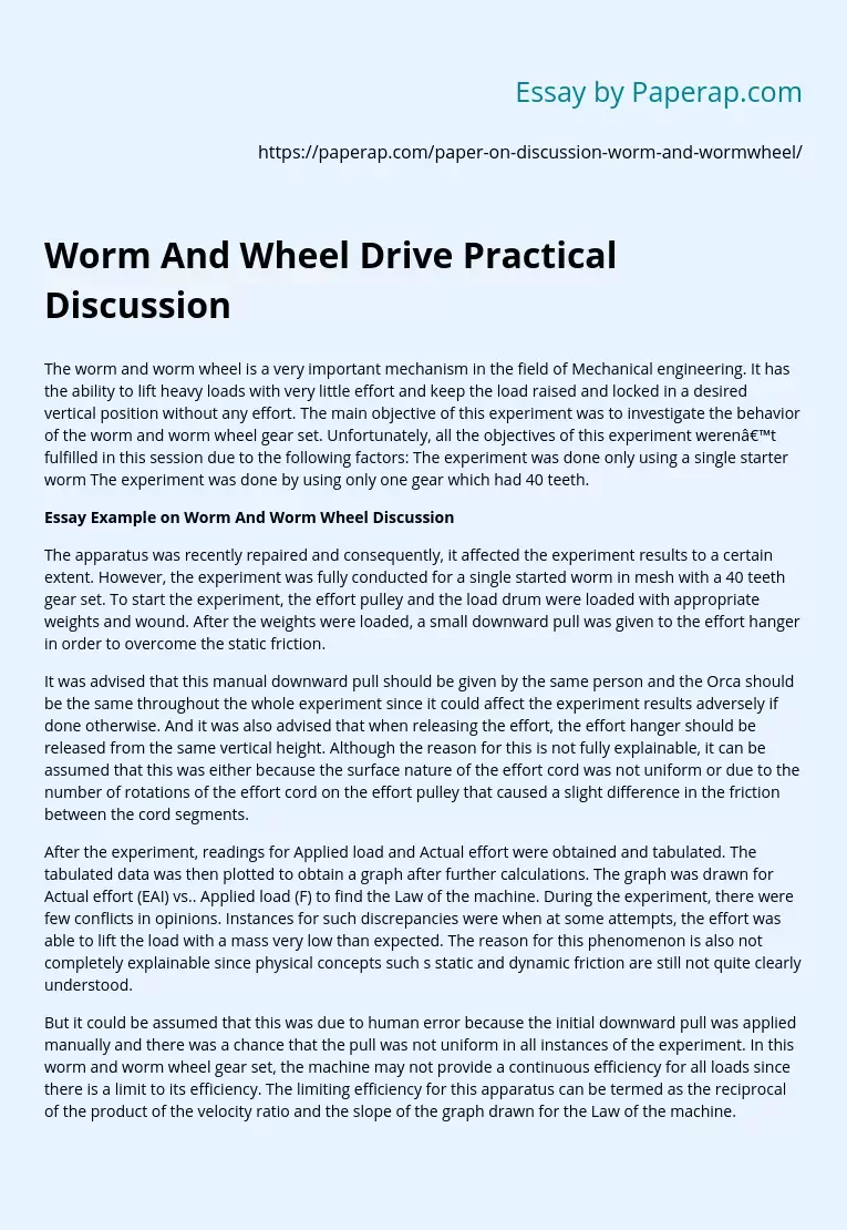 Worm And Wheel Drive Practical Discussion