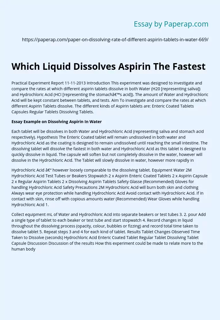 Which Liquid Dissolves Aspirin The Fastest