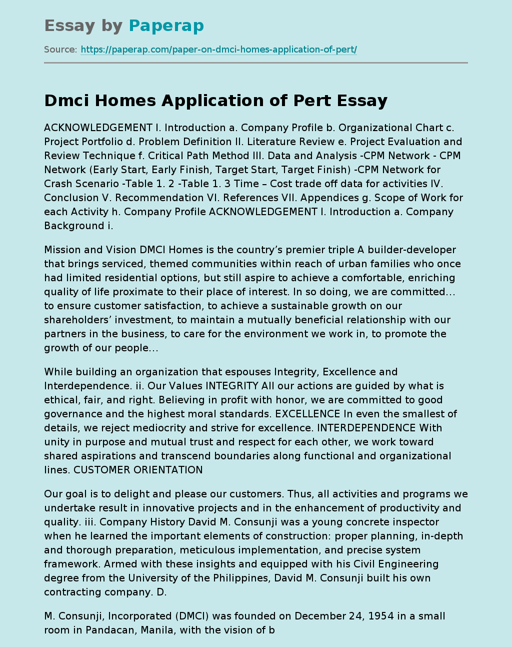 Dmci Homes Application of Pert