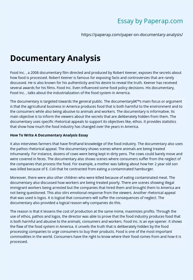 Documentary Analysis Free Essay Example