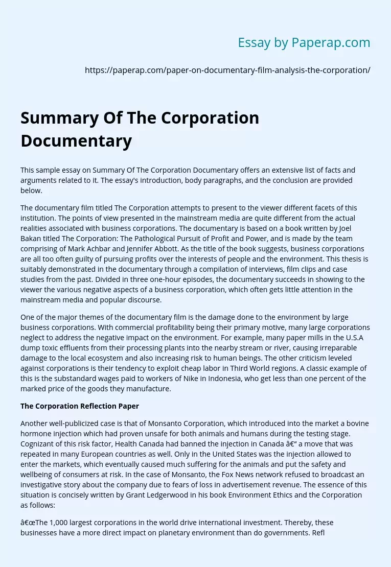 Summary Of The Corporation Documentary