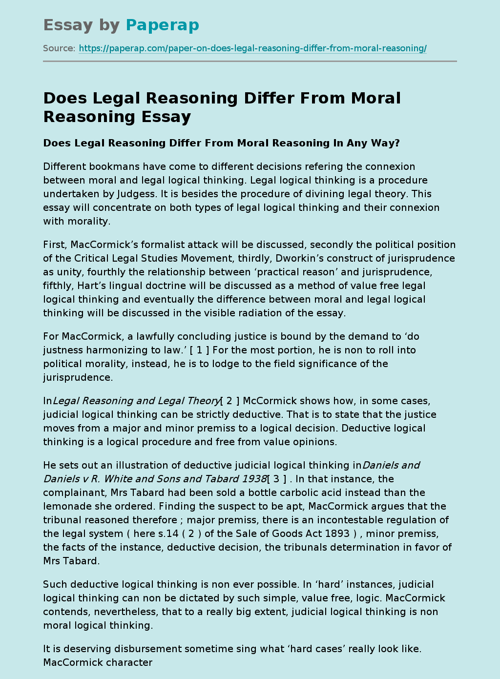 Does Legal Reasoning Differ From Moral Reasoning