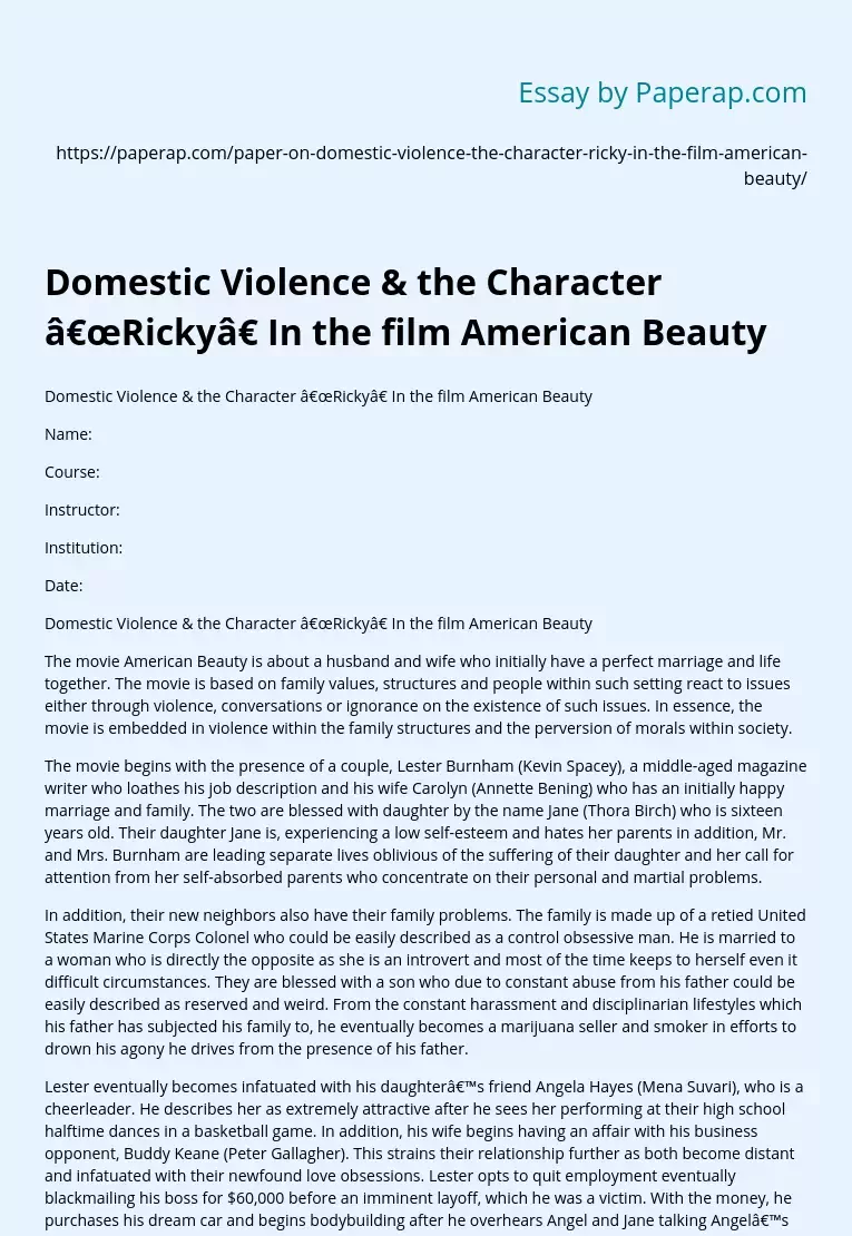 Domestic Violence & the Character “Ricky” In the film American Beauty