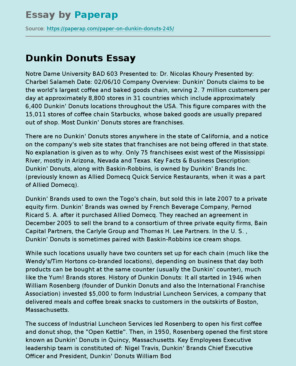 Company Overview: Dunkin Donuts