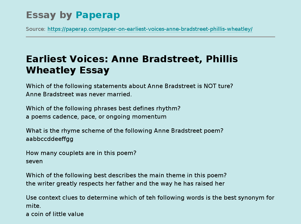 Earliest Voices: Anne Bradstreet, Phillis Wheatley