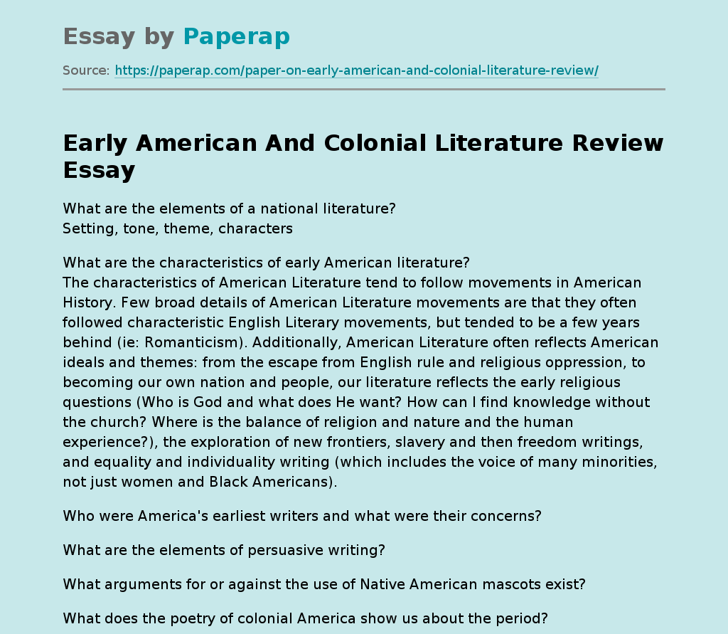 Early American And Colonial Literature Review