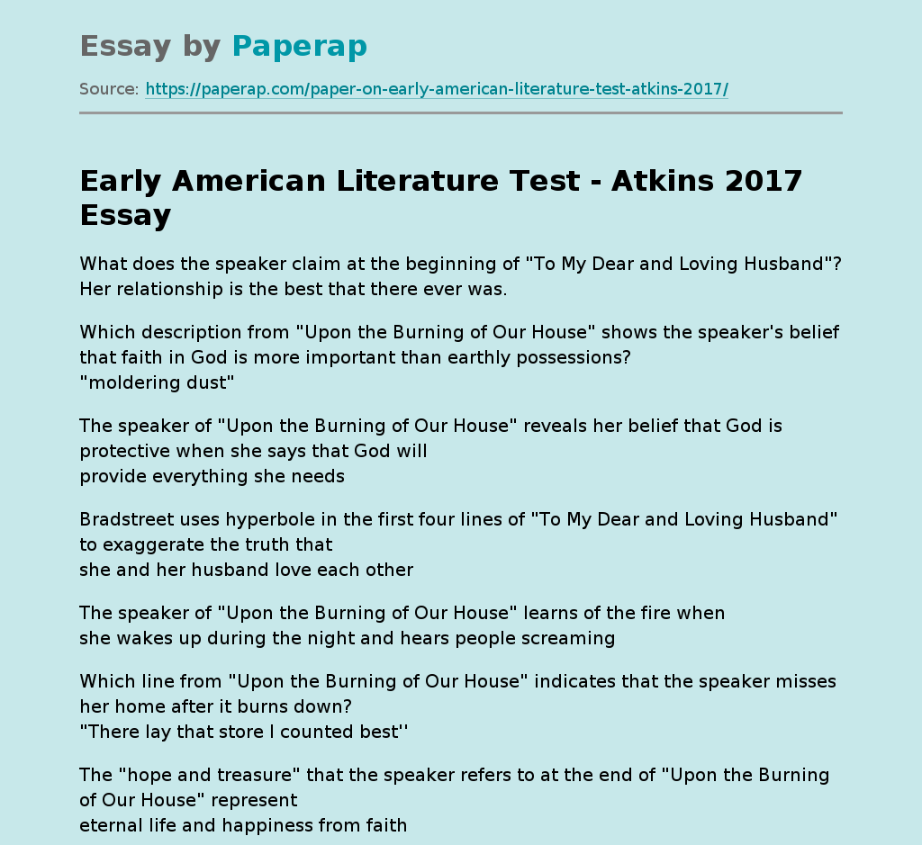 Early American Literature Test - Atkins 2017